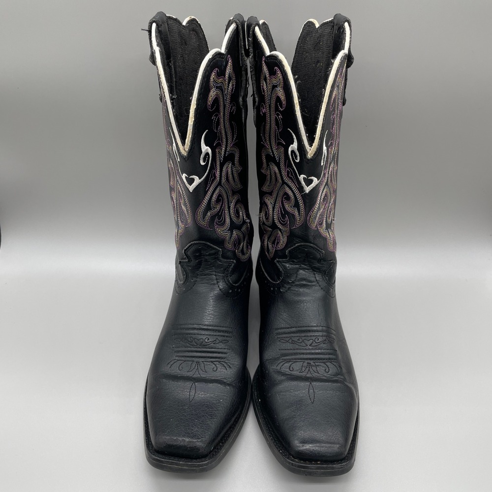 Justin Stampede Western Cowboy Boots Kids 3.5D Black Purple Heart Square Toe - Picture 7 of 9